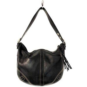 Y2K Black Leather Hobo Shoulder Bag Purse F05D-8A03 Contrast Stitching & Tassel